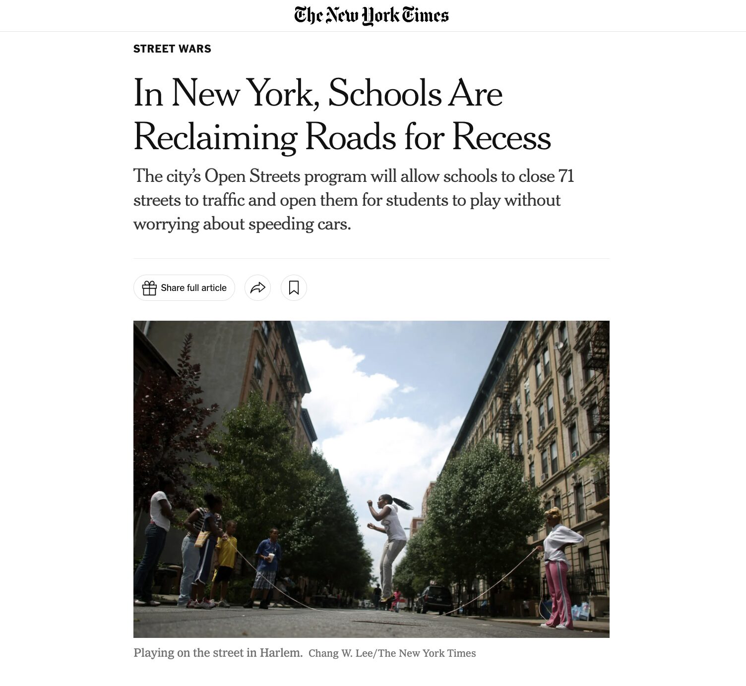 A screenshot of the New York Times article with the title, "In New York, Schools Are Reclaiming Roads for Recess"